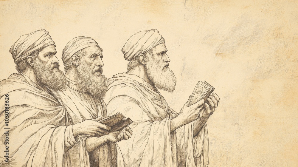 Fototapeta premium Sketch of religious leaders and priests of ancient Israel depicted as corrupt and greedy counting money and neglecting the needs of the people as described in the biblical book of Hosea