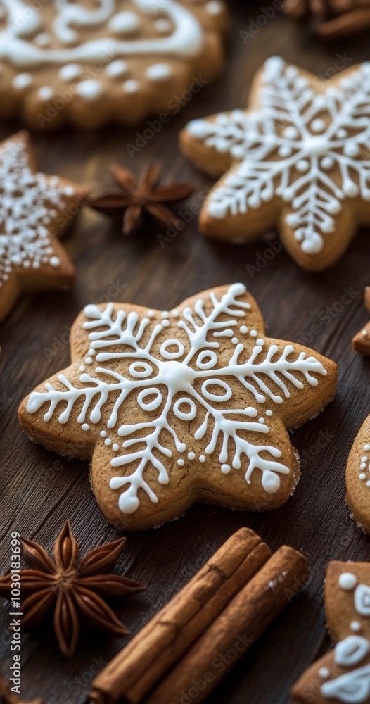 Gingerbread snowflake cookies and cinnamon sticks on a wooden table for winter fun