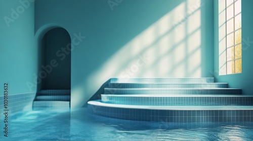 Tranquil indoor pool area with natural light and blue tiles creating a serene...