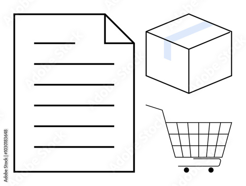 Simple line drawings of a document, a box, and a shopping cart. Ideal for online shopping, delivery services, e-commerce, logistics, order management, and packaging concepts. Minimalist style