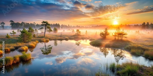 Misty marsh lakes at sunrise in the bog landscape reflected in the water