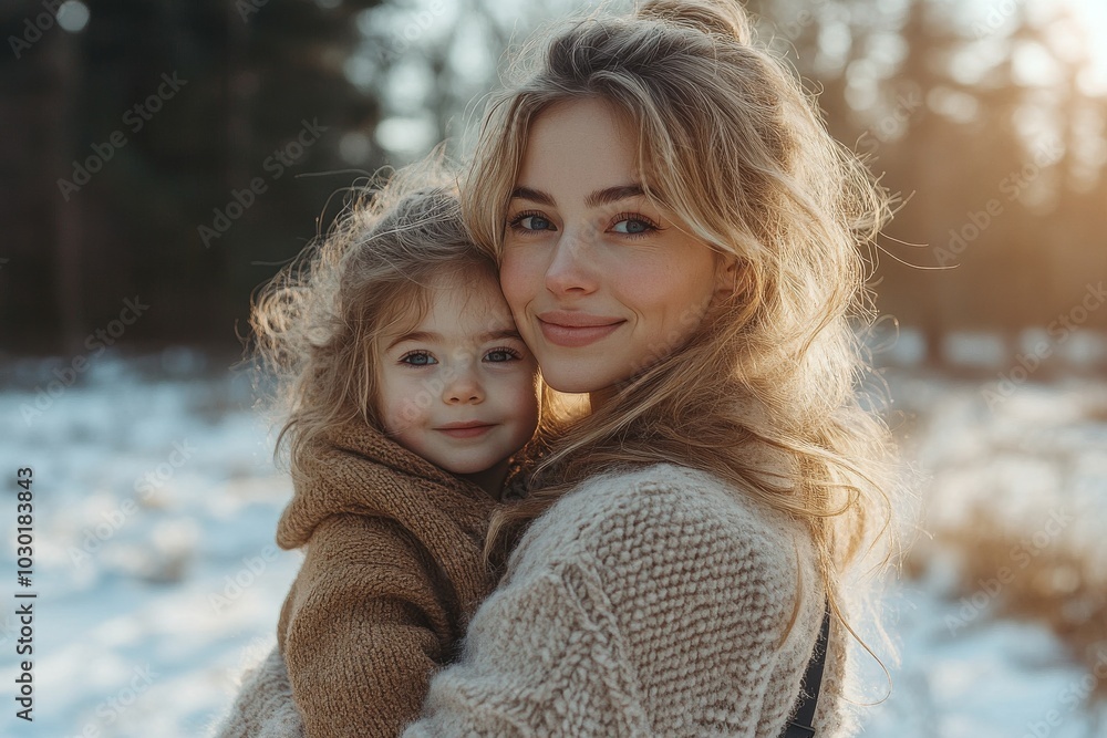 Obraz premium The first snow of the year brings a smile to the face of this happy smiling mother and little girl.