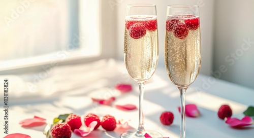 Elegant champagne glasses with raspberries in a cozy setting during a romanti...