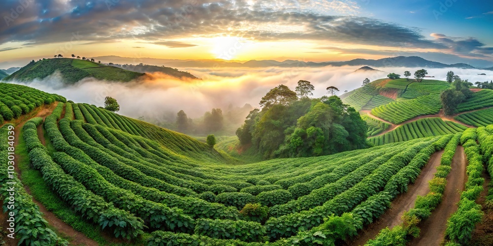 Misty morning over verdant coffee slopes with eco-friendly cultivation in progress fisheye view Misty morning over verdant coffee slopes with eco-friendly cultivation in progress fisheye view