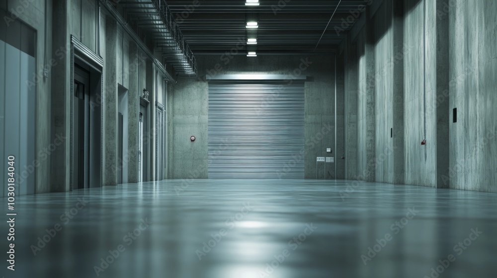 Industrial roller door in factory setting, polished concrete floor complements closed roller shutter, designed for product display in warehouse or hangar environment Industrial roller door in factory setting, polished concrete floor complements closed roller shutter, designed for product display in warehouse or hangar environment
