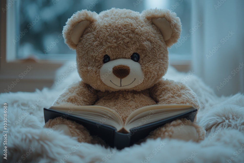 Minimalistic photo of a child reading a book while holding a soft toy next to them. Shows their quiet and comforting moments shared during storytelling. Minimalistic photo of a child reading a book while holding a soft toy next to them. Shows their quiet and comforting moments shared during storytelling.