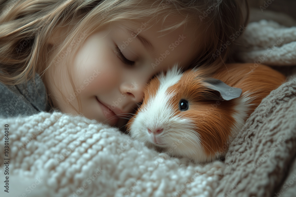 Child and their pet guinea pig sharing a cozy moment on a soft blanket, affectionate and gentle. Child and their pet guinea pig sharing a cozy moment on a soft blanket, affectionate and gentle.