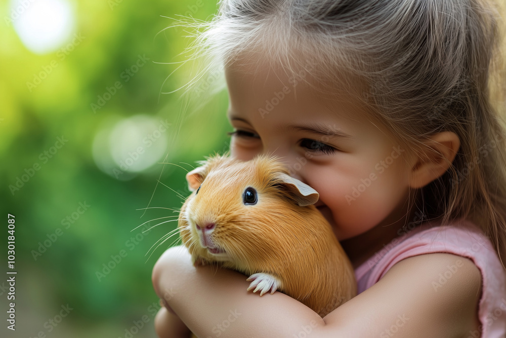 Child giving their pet guinea pig a gentle hug, showcasing tenderness and affection.A cheerful girl is happily holding a cute guinea pig in her arms Child giving their pet guinea pig a gentle hug, showcasing tenderness and affection.A cheerful girl is happily holding a cute guinea pig in her arms