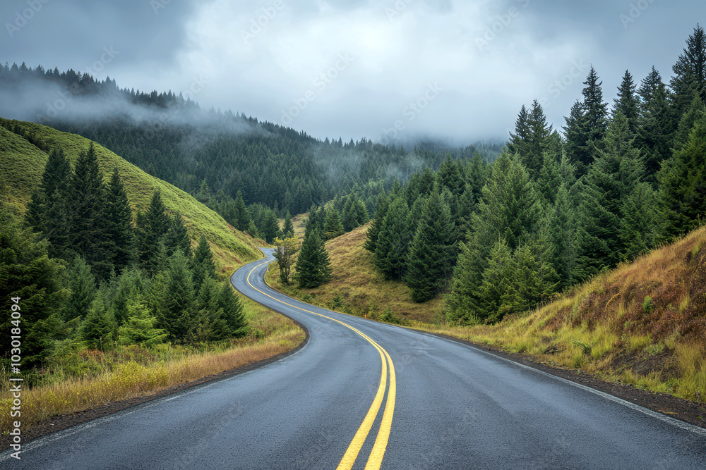 Fototapeta premium This serene aerial view captures a winding road cutting through a dense, lush evergreen forest enveloped in gentle mist, offering tranquility.