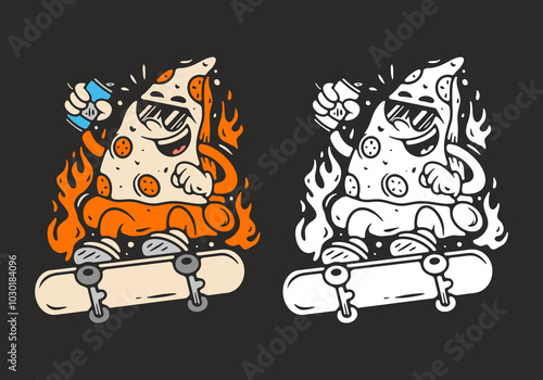 Pizza mascot character with skateboard illustration