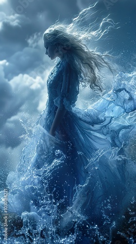 Mystical Woman in a Flowing Dress, Water and Sky