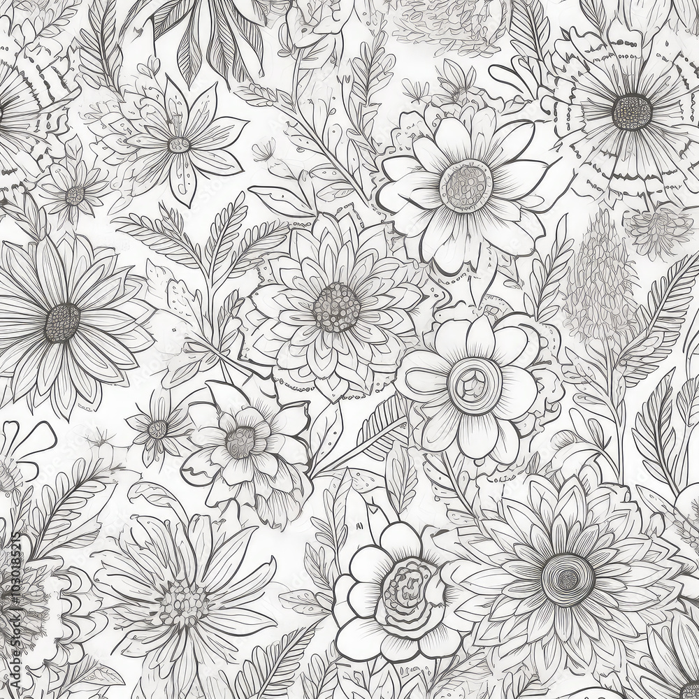 custom made wallpaper toronto digitalFlower pattern. Diverse array of diverse outlined floral design. Doodles for painting, coloring book, gift paper pattern concept