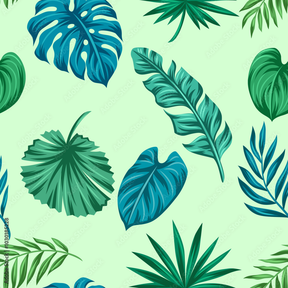 Obraz premium Pattern with stylized palm leaves. Decorative image of tropical foliage and plants.