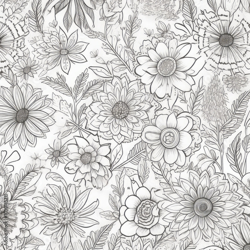 Wallpaper Mural Flower pattern. Diverse array of diverse outlined floral design. Doodles for painting, coloring book, gift paper pattern concept Torontodigital.ca