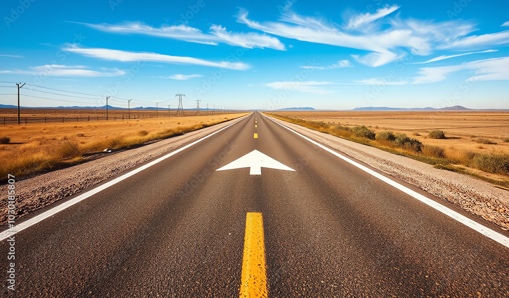 road in the desert with big white arrow pointing to forward direction road in the desert with big white arrow pointing to forward direction