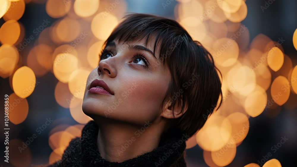 A woman with short brown hair looks up at the sky, which is filled with out-of-focus warm lights A woman with short brown hair looks up at the sky, which is filled with out-of-focus warm lights