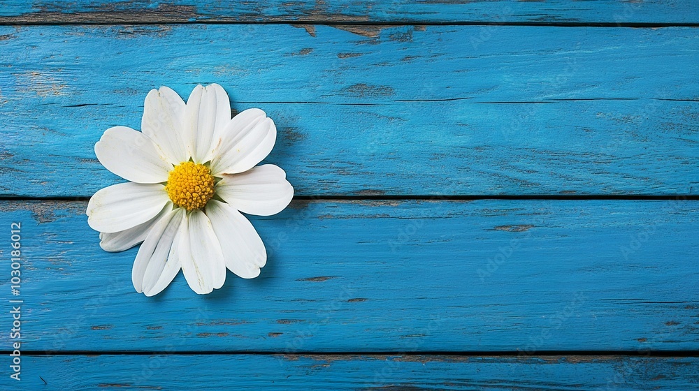 Obraz premium White flower on blue wooden background from top view