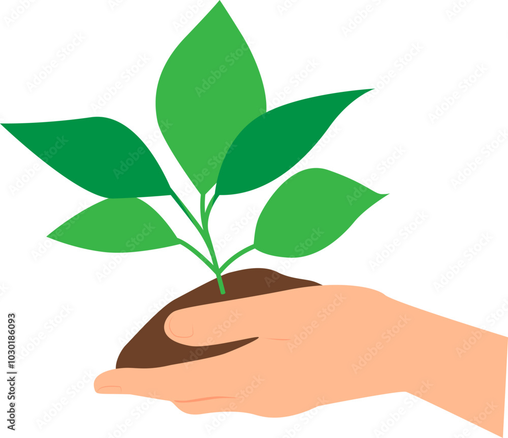 Hand holding green plant planted in the soil. Vector illustration with transparent background.
Hand holding green plant planted in the soil. Vector illustration with transparent background.
