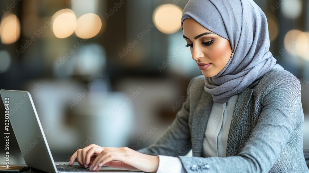 Focused Muslim Businesswoman Working on Laptop in Cafe, Modern Professional Lifestyle Focused Muslim Businesswoman Working on Laptop in Cafe, Modern Professional Lifestyle