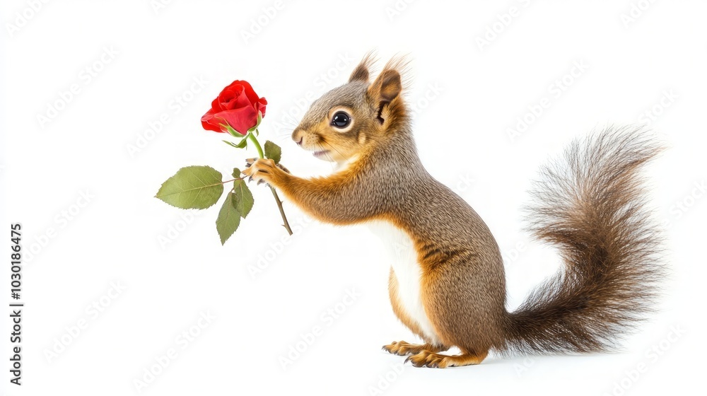 Obraz premium Squirrel Delicately Cradling a Rose, A charming scene of a small squirrel gently holding a vibrant rose, set against a clean, white backdrop, showcasing nature's beauty and innocence.