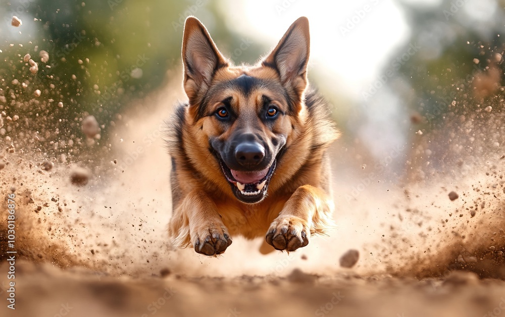 A joyful German Shepherd running through a sandy path, capturing the essence of play and energy in nature. A joyful German Shepherd running through a sandy path, capturing the essence of play and energy in nature.