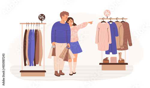 Happy people buyers in store on shopping sale. Guy with packages and cute girl choose clothes on racks of hangers. Vector illustration. Holiday shopper character. Consumerism, purchase concept