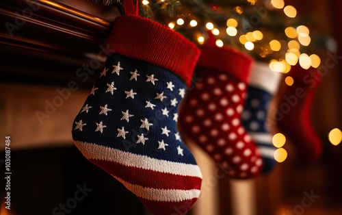 Colorful Christmas stockings hanging by the fireplace, decorated with festive patterns and glowing lights.