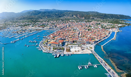 Aerial view of the main town, Hora, of Lefkada island, with the large sailboat marina and harbour, Ionian Sea, Greece