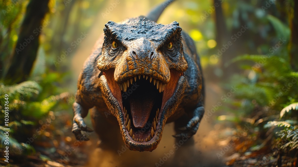The towering T-Rex roars in the jungle during the prehistoric period The towering T-Rex roars in the jungle during the prehistoric period