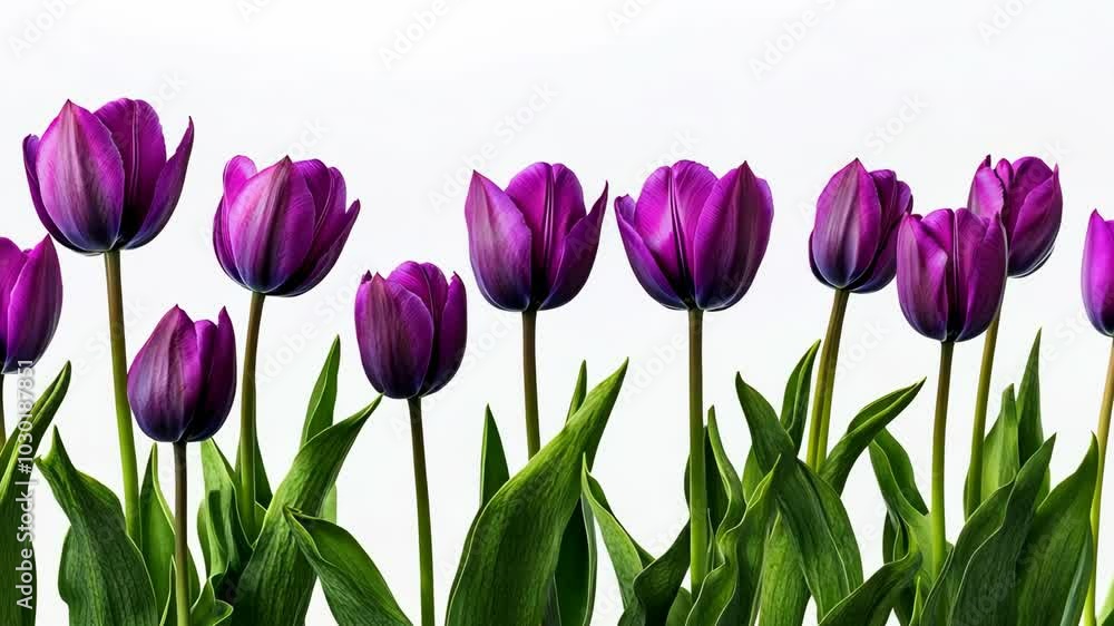 A row of purple tulips stand tall against a white background, showcasing their vibrant blooms A row of purple tulips stand tall against a white background, showcasing their vibrant blooms