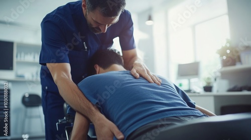 Chiropractic Adjustment in Modern Clinic, skilled practitioner enhancing patient mobility through expert techniques in a welcoming, contemporary healthcare environment