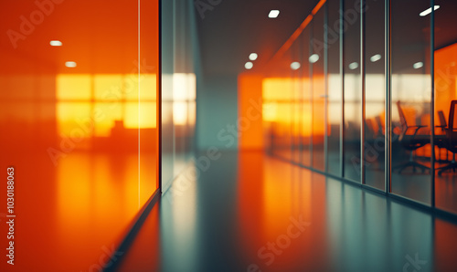 3D rendering of a blurred office interior scene with glass walls. The focus is on the foreground, which features desks and chairs in an open space. Red accents add vibrancy