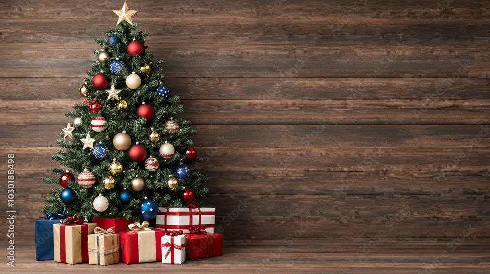 Festive Christmas tree decorated with ornaments, surrounded by beautifully wrapped presents on a wooden background. Festive Christmas tree decorated with ornaments, surrounded by beautifully wrapped presents on a wooden background.