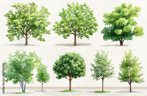 The traditional cad tree line drawing is shown in side view, with graphic trees elements in outline. This is a modern illustration in stroke fill of white and is suitable for architecture and photo