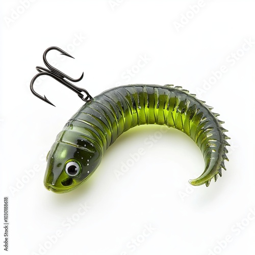 Soft fishing bait, moss green plastic grub, with double hook and lead sinker, isolated on white background photo