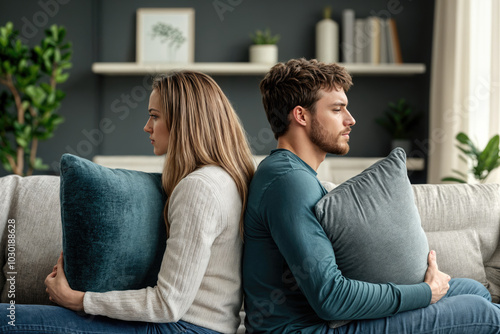 Young couple ignoring each other while sitting back to back on sofa after quarrel at home photo