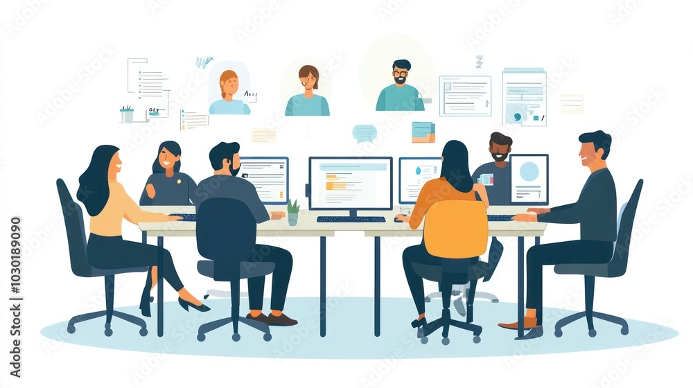 Employees participating in a virtual meeting from their desks Employees participating in a virtual meeting from their desks