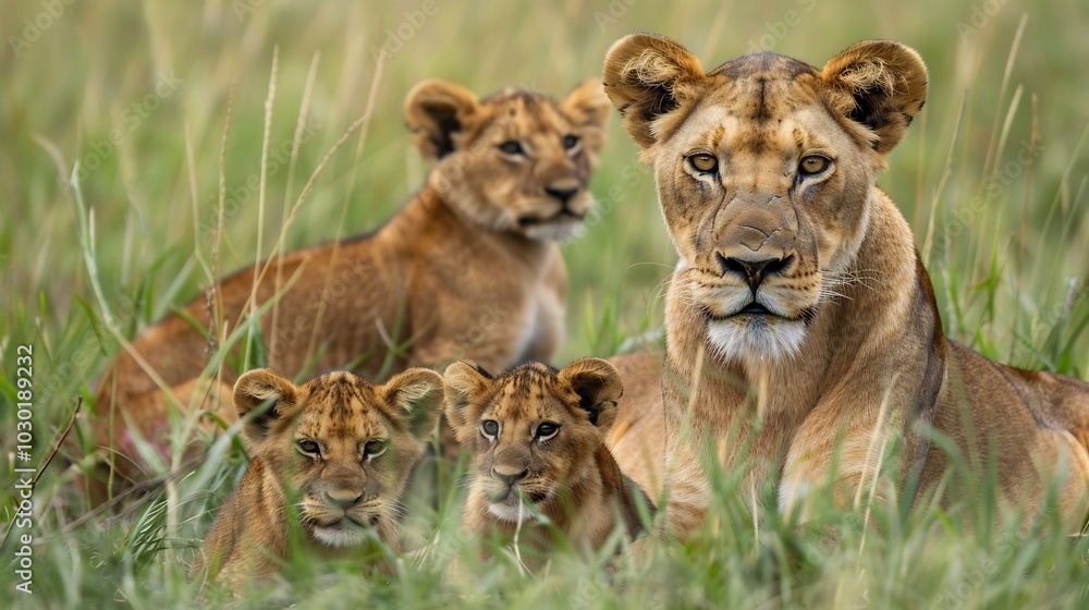 Lioness and Cubs in the Grass Lioness and Cubs in the Grass