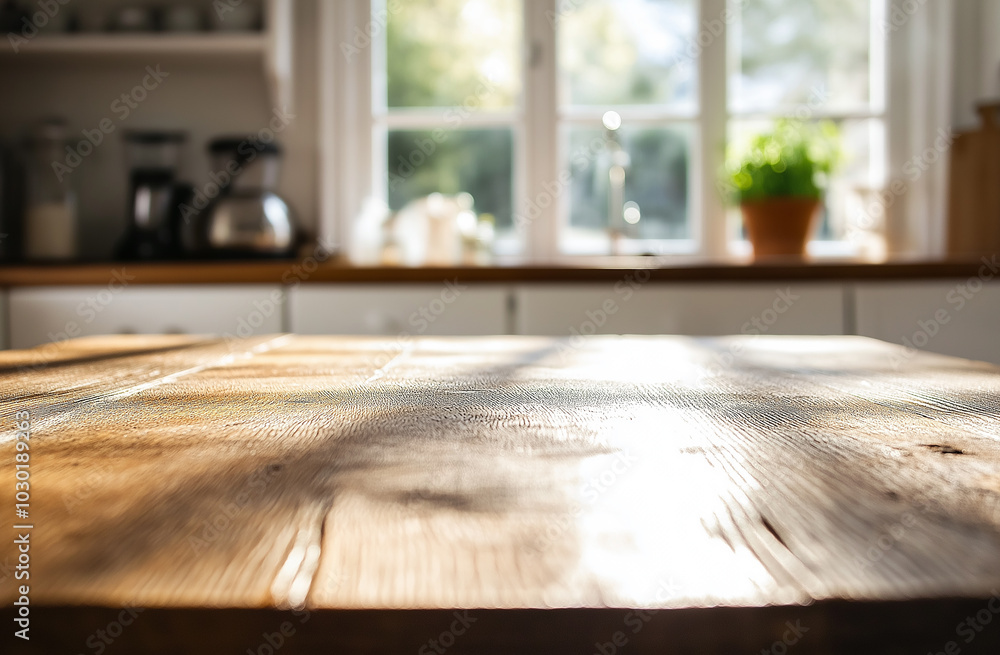 A beautiful, empty wooden tabletop counter in a clean and bright kitchen background, ready for a product display mockup A beautiful, empty wooden tabletop counter in a clean and bright kitchen background, ready for a product display mockup