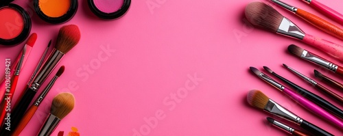 Vibrant makeup brushes and cosmetics arranged on a pink background, perfect for beauty and cosmetic themes. photo