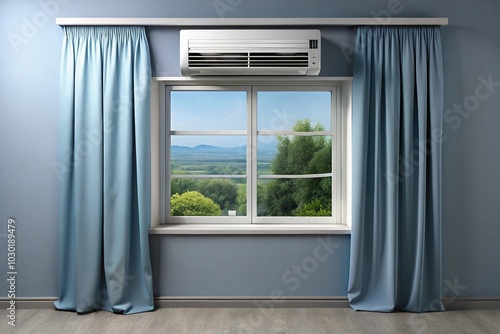 Modern air conditioner mounted on gray wall next to window with blue curtains