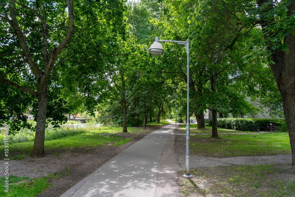 Obraz premium Serene park pathway lined with lush green trees under a bright sky in Uppsala, Sweden