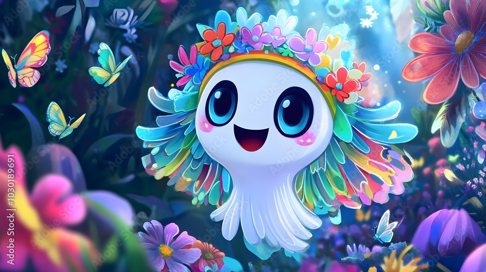 Obraz premium Cute Cartoon Character with Flower Crown in a Colorful Garden