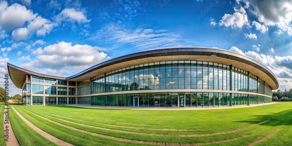 Fototapeta premium Modern architecture building with curved roof and windows, panoramic view