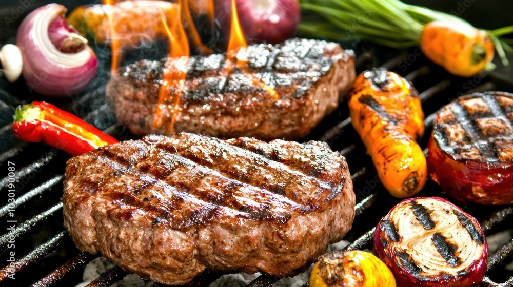 Juicy Grilled Steaks with Colorful Vegetables on Grill Juicy Grilled Steaks with Colorful Vegetables on Grill