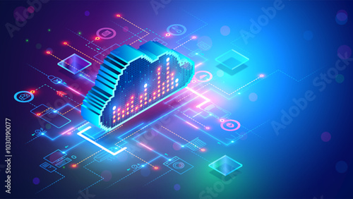 Cloud data storage for the Internet of Things smart home system. The cloud storage is synchronized with the smart home system. Isometric concept of IOT of smart home. IOT icons of devices connection.