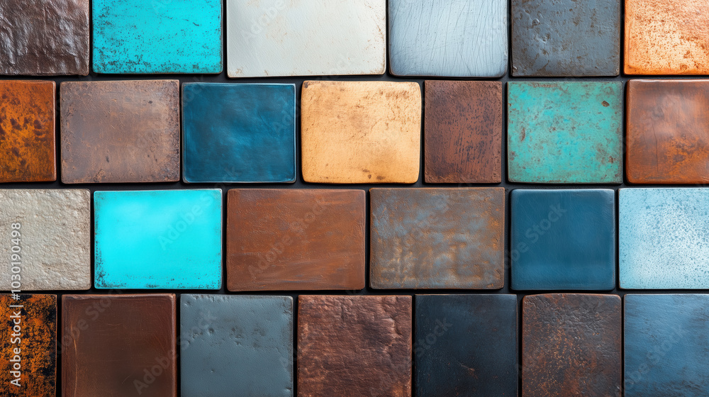 Colorful square tiles in shades of blue, brown, and copper with various textures and finishes, perfect for backgrounds, decor, or creative design projects. Colorful square tiles in shades of blue, brown, and copper with various textures and finishes, perfect for backgrounds, decor, or creative design projects.