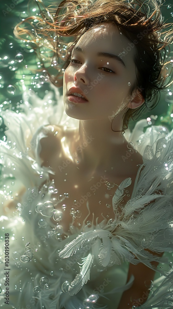 Dreamy Underwater Portrait of a Woman with Feathers Dreamy Underwater Portrait of a Woman with Feathers