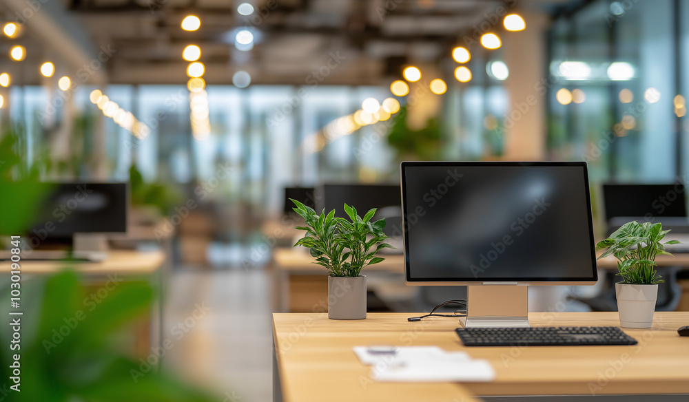 A blurred background of an office with glass walls, rows of desks, and lighting fixtures A blurred background of an office with glass walls, rows of desks, and lighting fixtures
