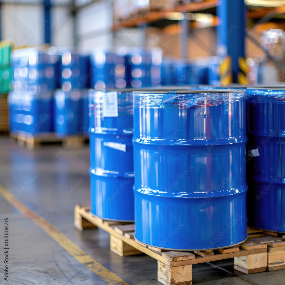 Blue metal barrels containing chemicals or oil standing in warehouse Blue metal barrels containing chemicals or oil standing in warehouse